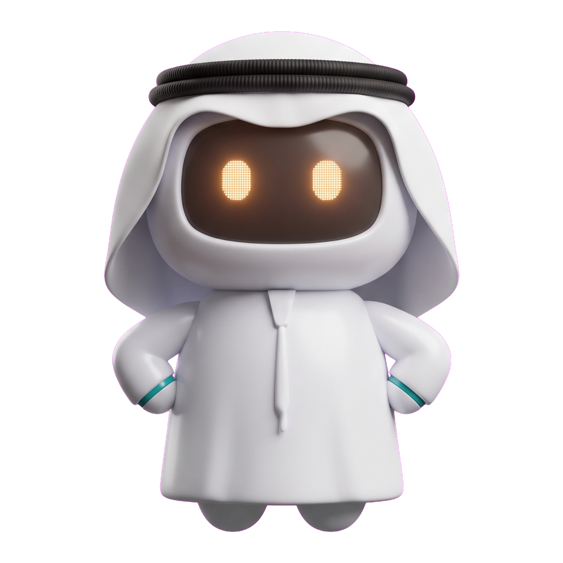 Salem, a cute Emirati AI robot in a white ghutra and kandura with warm amber glowing eyes